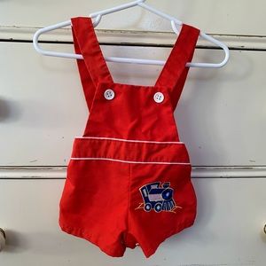 Vintage Red Boys Train Embroidered Overalls 0-3 Months